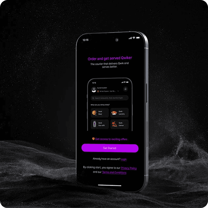 Qwikserve logistics app displayed on a phone